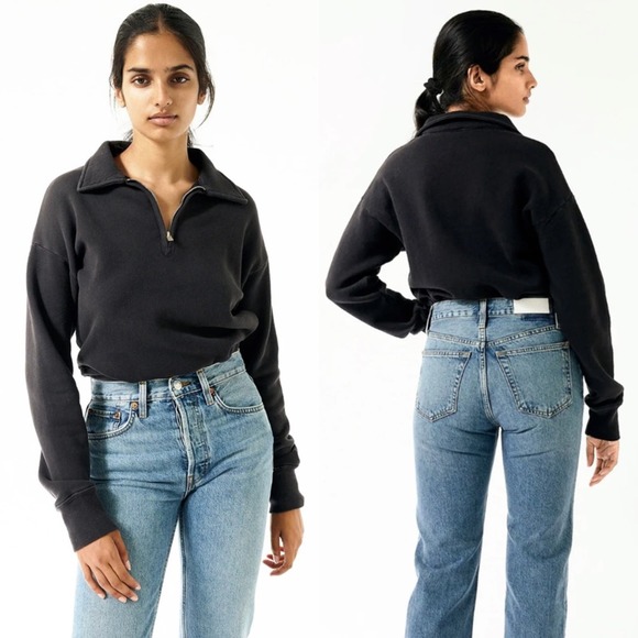 NEW RE/DONE 70s Half Zipped Sweatshirt Washed Black XS - Picture 1 of 8